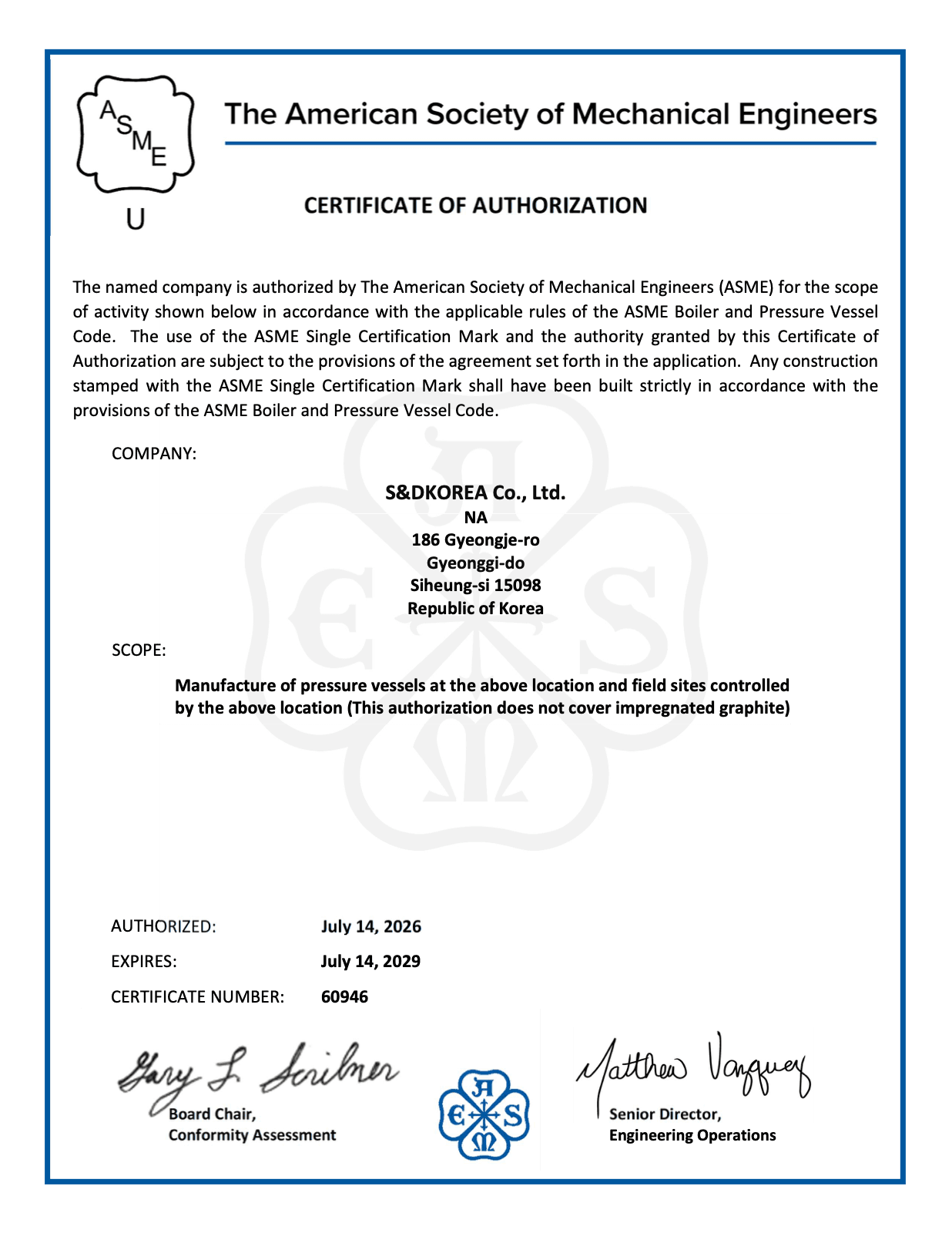 ASME Certificate of Authorization · U document
